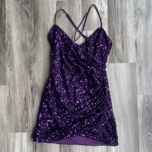 Lulus A Chance To Shine Faux Wrap Sequin Mini Dress Sz S Purple Adjustable Strap